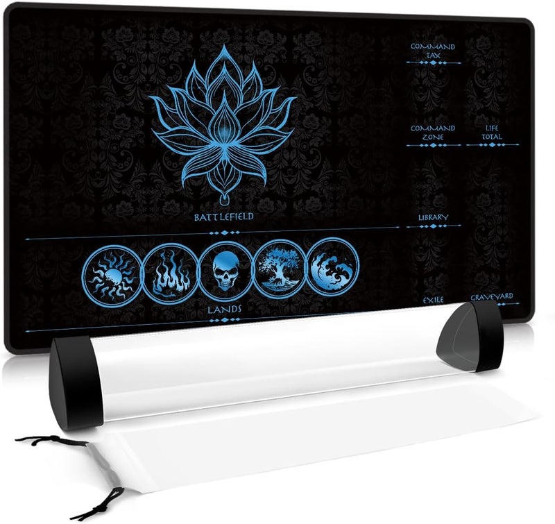 FROGIGO MTG Playmat with Play Zones – Magic Play mat Card Game Mat for Magic The Gathering, Lotus & Basic Lands Design, 24x14 inch, Stitched Edge, Non-Slip Base with Prismatic Playmat Tube-Blue Zone - Image 1